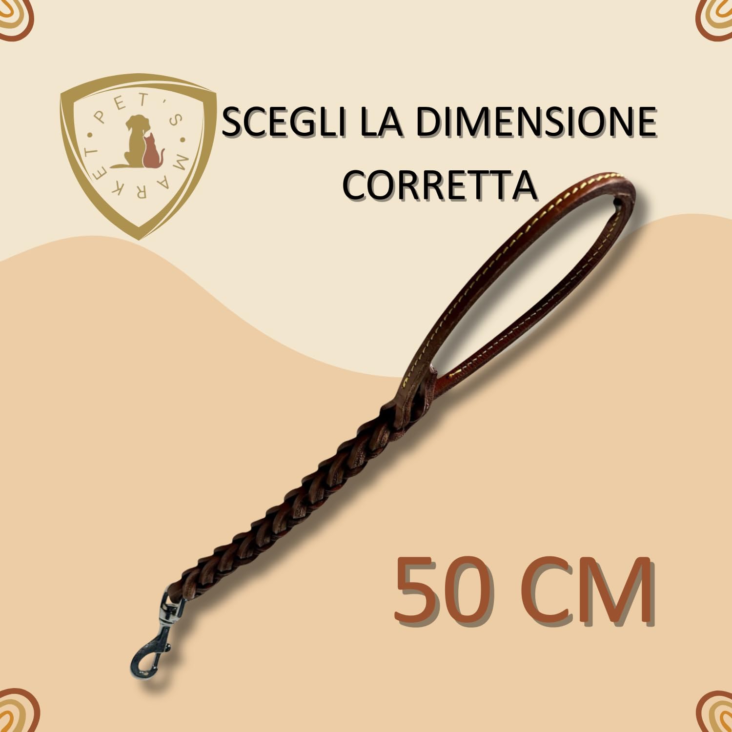 Pet's Market Guinzaglio Cane Cani 50 cm in Cuoio Tripla Treccia Color Marrone Scuro Presa Comoda Gancio Robusto (50 cm Marrone Scuro)