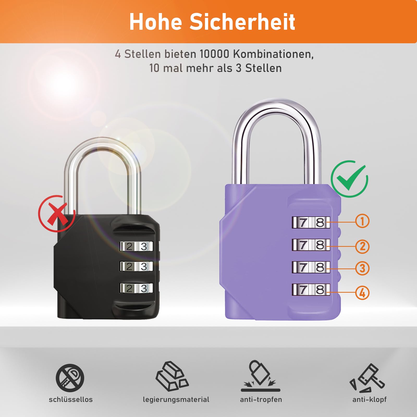 NAGE 4-Digit Combination Padlock with Resettable Code, 2p, Purple - Image 2
