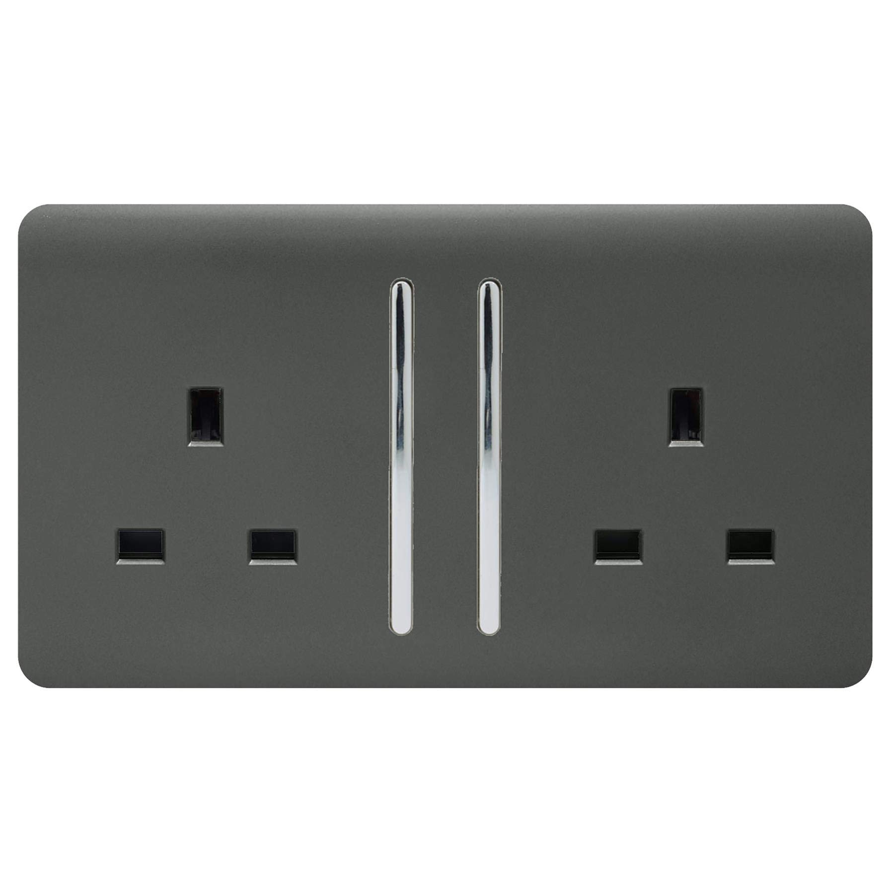 Trendi 2 Gang Raised Artistic Modern Glossy Screwless 13 Amp Single Pole with Chrome Switched UK Standard Electrical Double Wall Plug Socket in Charcoal Grey - ART-SKT213LCH