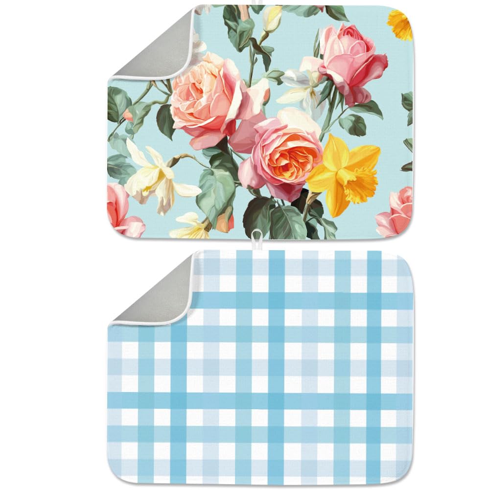 INFUNLY 2pcs Spring Flowers Dish Drying Mat for Kitchen Blue Striped Plaid Vintage Dish Drainer Mats Absorbent Microfiber Pink Rose Dishes Drying Pad 18x24 Inches Washable for Countertop Coffee Bar
