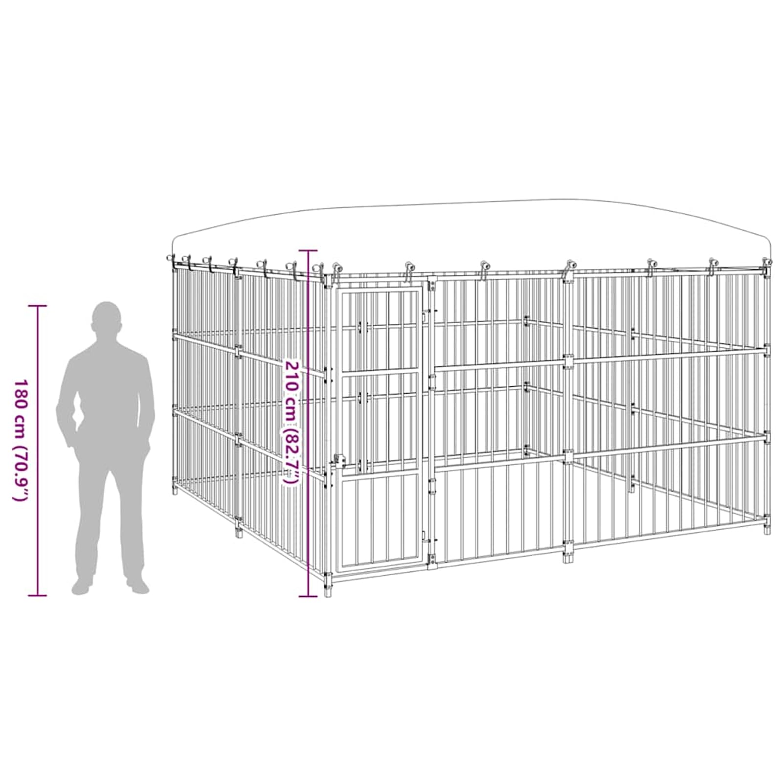 Recinto per Cani Esterno 3x3x2.1 m, Nero, Acciaio Verniciato a Polvere, Tetto in Polietilene, Cancello con Serratura, Cuccia Sicura per Cani, Facile Montaggio
