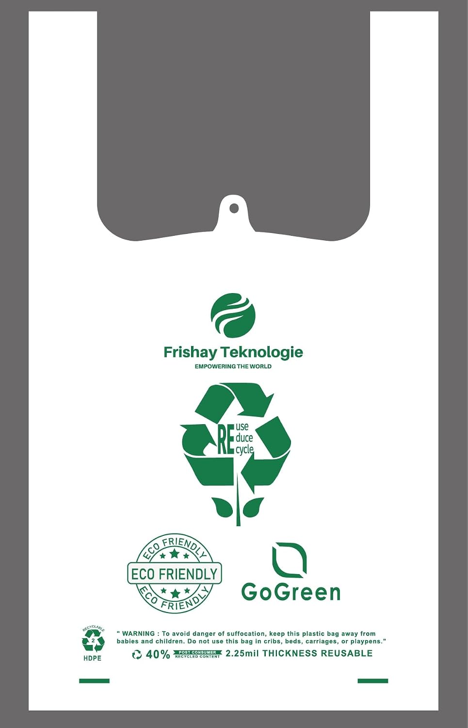 200 Count - Biodegradable & Reusable T-Shirt Shopping Bags with Handles — Extra Heavy Duty 57 Micron (2.25 mil) White Colour, Retail, Food Trucks & Restaurant Bags, 11.5" x 6.5" x 21" Eco Friendly