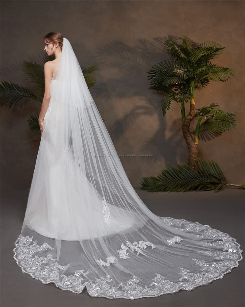 Ślub Elegancki dwuwarstwowy welon ślubny z cekinową koronką Tiulowy welon katedralny dla panny młodej z grzebieniem (Color : Ivory)