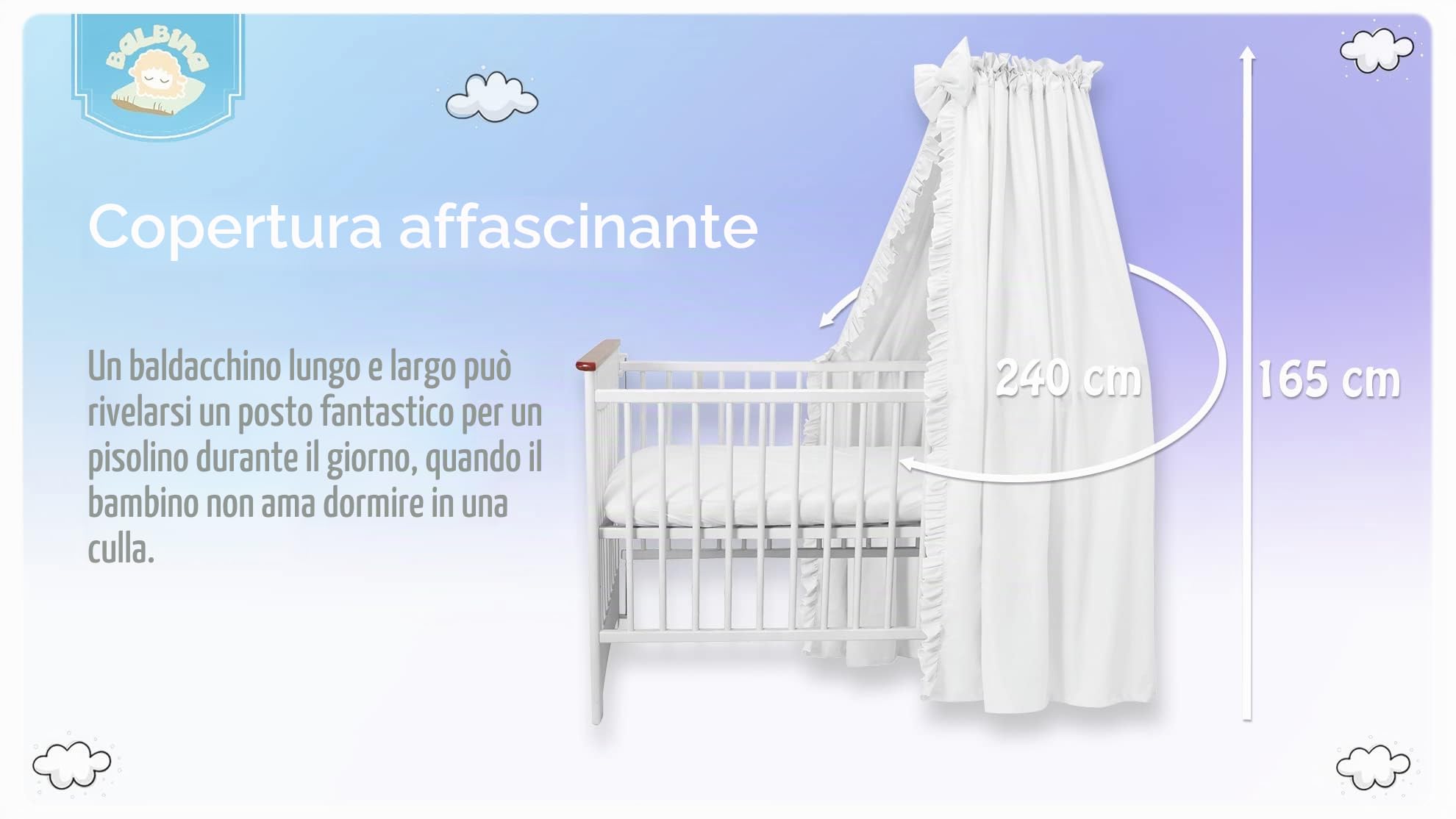 balbina Set decorativo per lettino, 100% cotone, baldacchino con volant e fiocco, zanzariera per cameretta dei bambini, tenda opaca senza asta per baldacchino, 240 x 165 cm, bianco