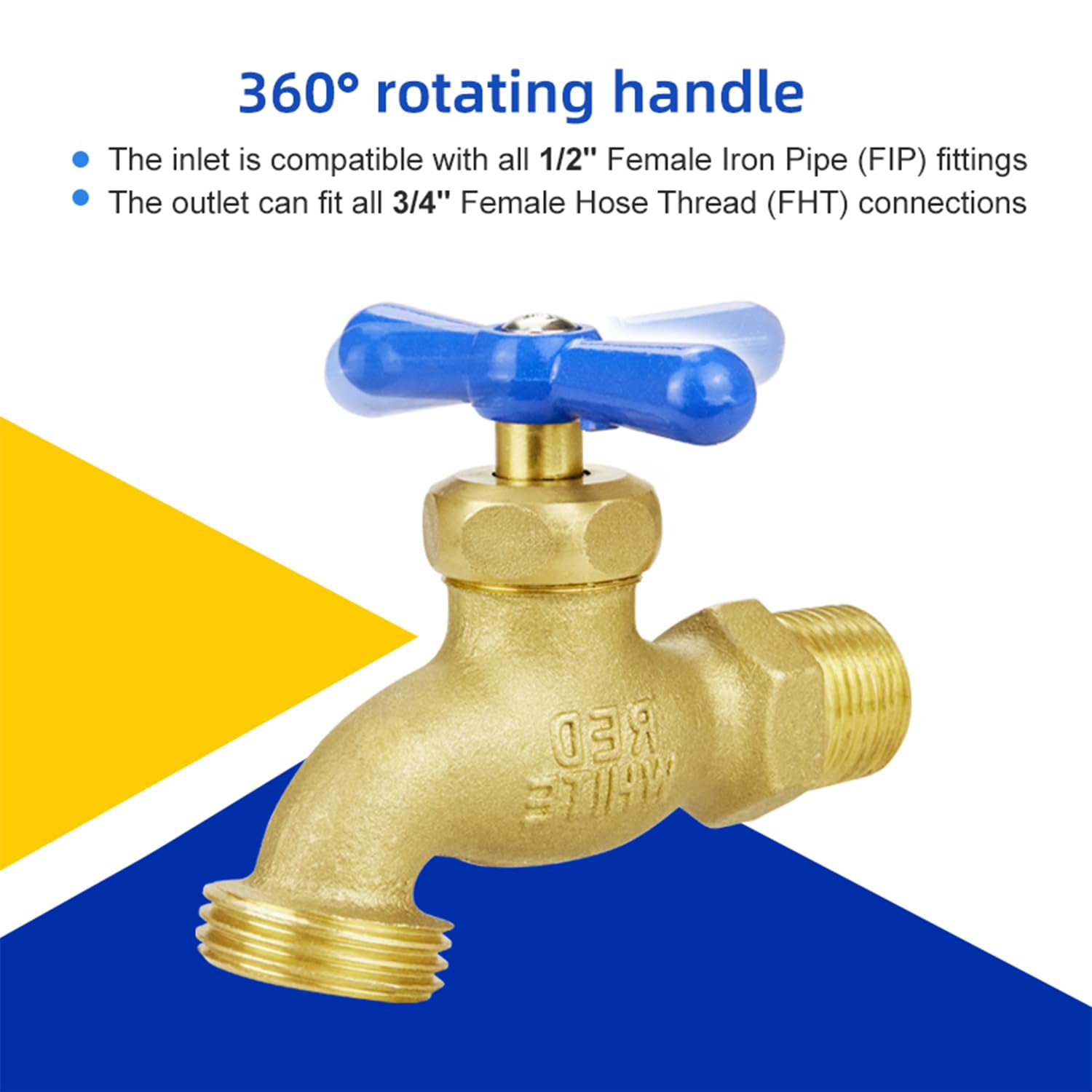 TMOK Robinet de jardin extérieur à débit complet – Entrée MIP 1/2" x sortie MHT 3/4" en laiton robuste, facile à installer, contrôle de l'eau multi-tours, comprend du ruban en téflon et des rondelles
