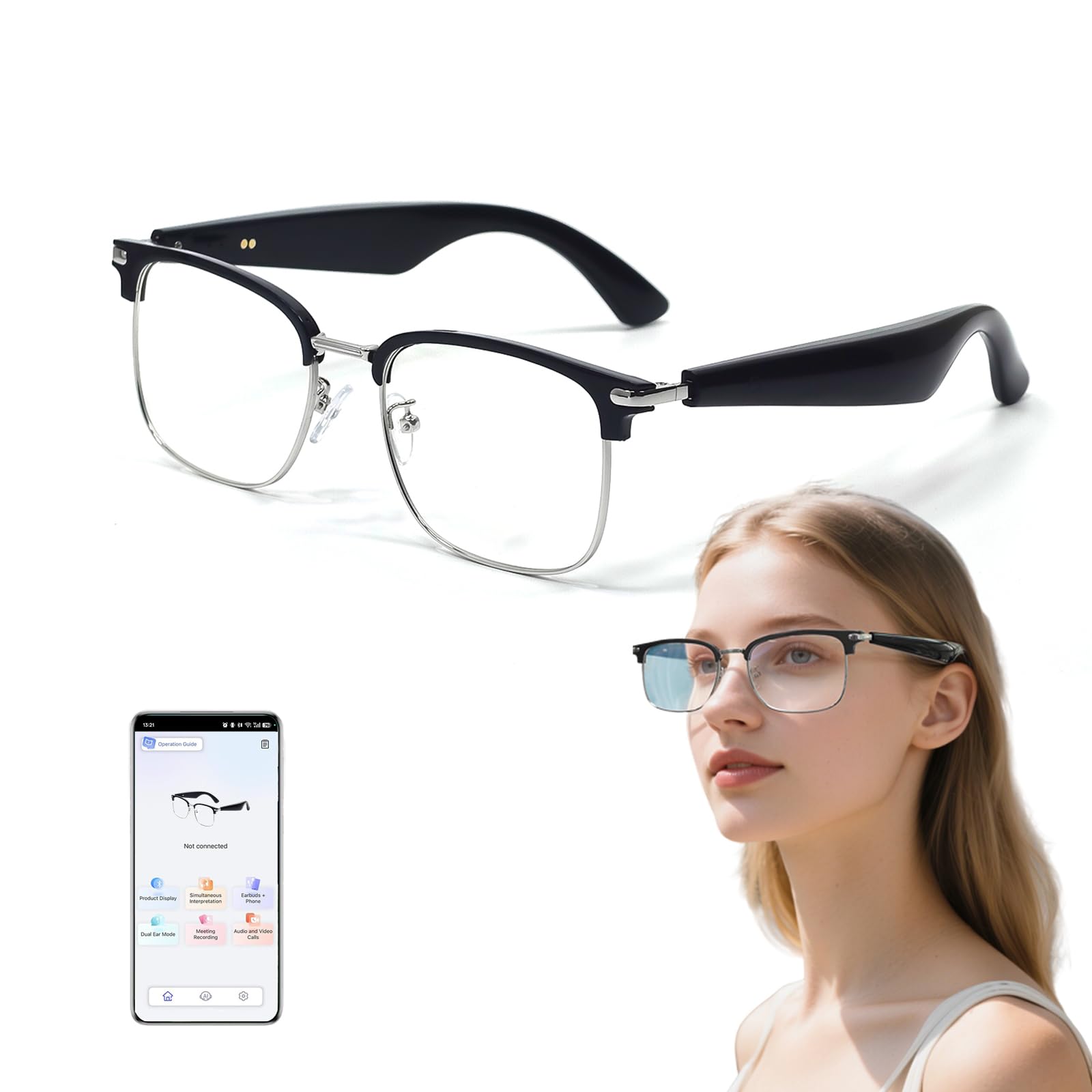 Lunettes de traduction intelligentes avec AI, lunettes Bluetooth pour homme, audio HD, traducteur en temps réel, assistant vocal, musique/appels mains libres (noir)