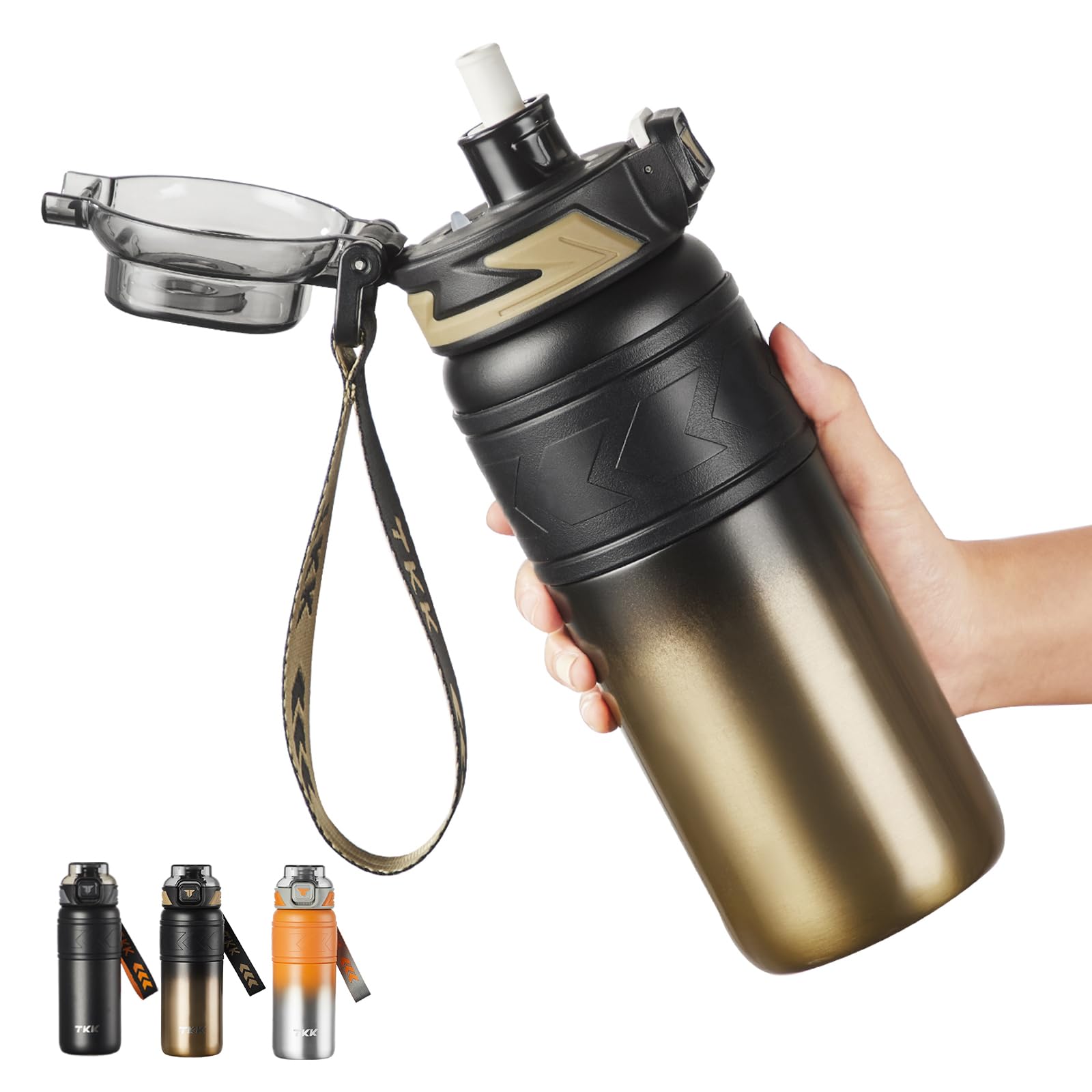 TKK 24 oz Insulated Water Bottle with Straw, Leak Proof Stainless Steel Double Wall Vacuum Bottles with Strap, Reusable Metal Sports Water Bottle for