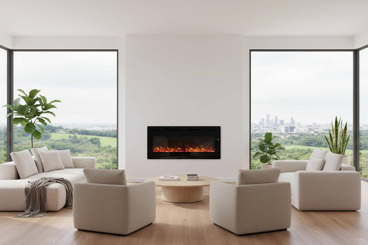 Chimenea Eléctrica de Pared Weka Fireplace WiFi Ultrafina 7,5 cm Vidrio Templado Sin Humo Control Remoto 750/1500W 13 Colores de Llama 107 cm