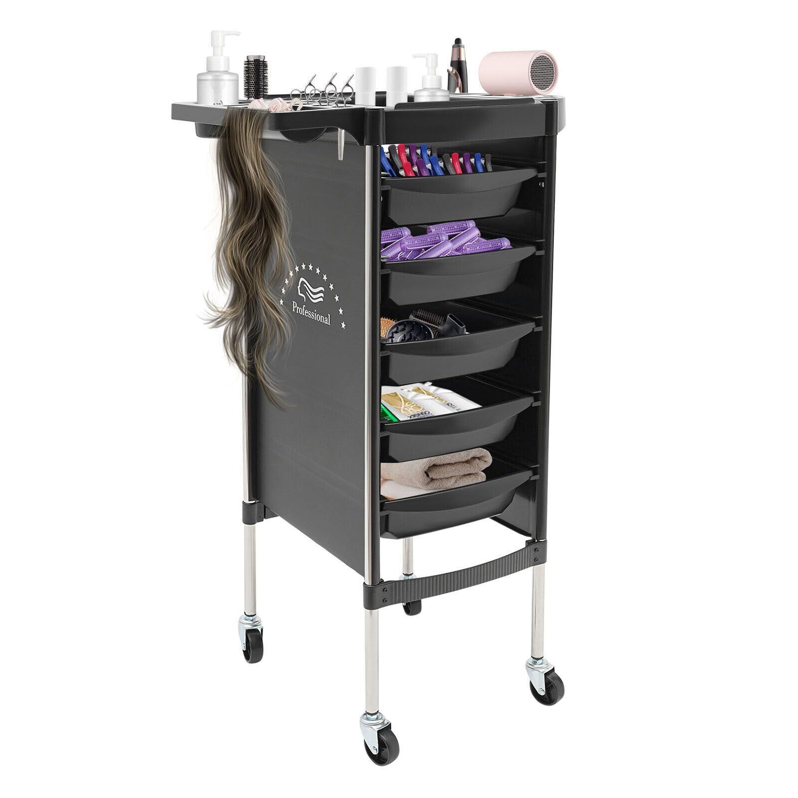 Carrello per Parrucchiere TRIEBAN Pieghevole con 5 cassetti per Parrucchieri, saloni di Bellezza (Nero)