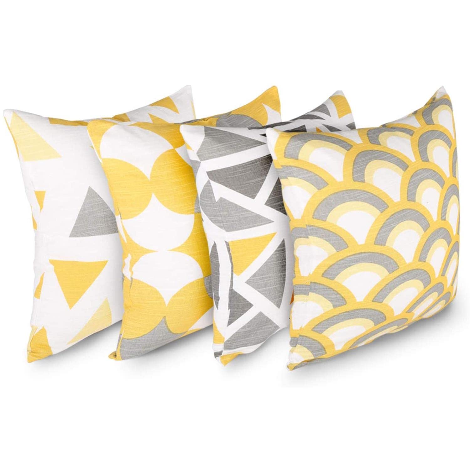 Penguin Home Set of 4 100% Slub Cotton Fabric Cushion Covers 45cm x 45cm Double Sided Square Pillow Covers with Invisible Zipper Pillow Cases for Living Room, Bedroom, Sofa (Yellow/Grey)