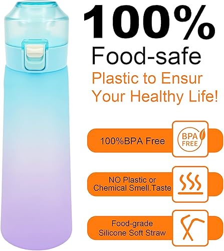 Miniatura 2 de Botella de agua de aire con 7 cápsulas de sabor, botellas de agua deportivas a prueba de fugas de 22.1 onzas líquidas con popote y correa, botellas