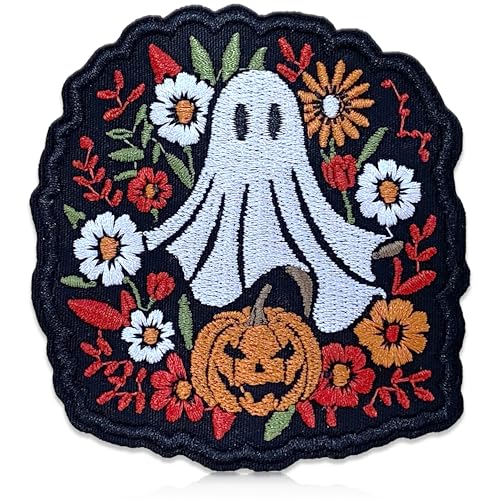 Ghost Floral Embroidered Patch Halloween Pumpkin Iron On Sew On Badge Cute Spooky Fall Aesthetic Patch for Backpack Hat Jackets Iron On Sew On Embroidery PVC Patches Gift Accessories 3 Inch