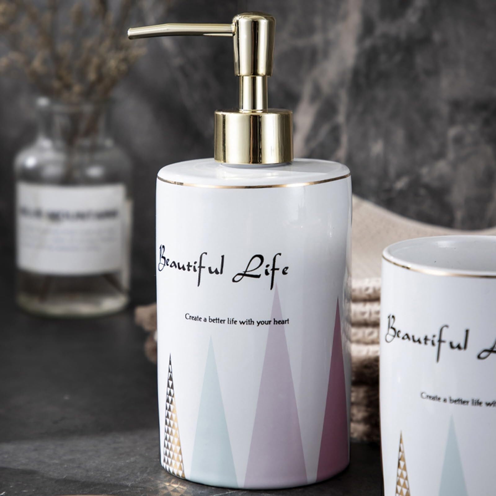 Juego de 4 dispensadores de jabón de baño, dispensador de jabón de cerámica, juego de vasos para cepillo de dientes, accesorios de baño con plato para decoración, decoración de lujo Badrum