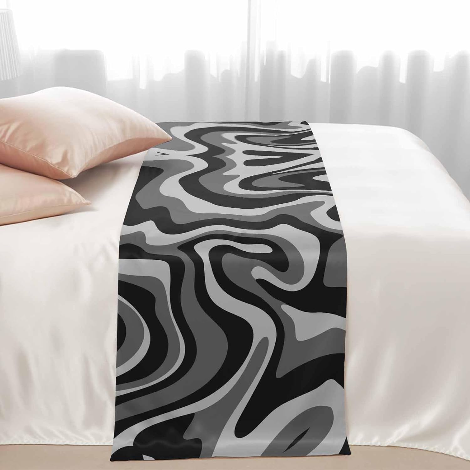 Black White Bed Runner Scarf Bedding Accessory For Twin Size Bed,Soft Bed Scarves And Runners Stainproof Dustproof Bedroom Protector For Hotel Wedding Room,Modern Abstract Ombre Aesthetics Art 71"x20"