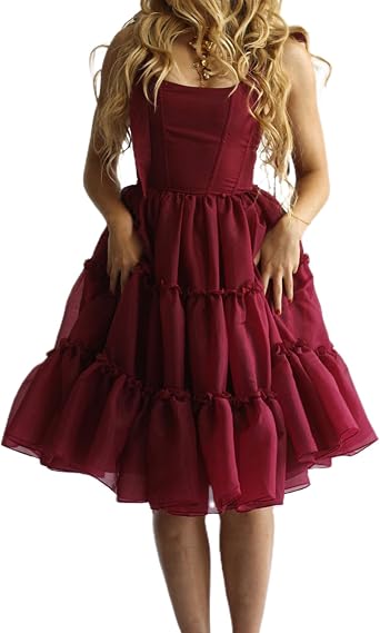 Women Tulle Puffy Prom Dress Strap Ties Scoop Neck Mesh Ruffle Layering Midi Dress Fairy Birthday Dresses