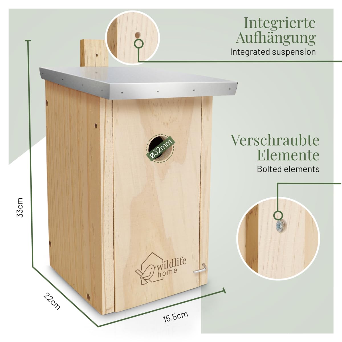 WILDLIFE HOME Nistkasten Meisen – 2er Set mit Metalldach für Kohlmeisen & Co. I nach NABU aus verschraubtem Massiv-Holz I Wetterfest & Unbehandelt I Vogelhaus zum Aufhängen, 2 Stück