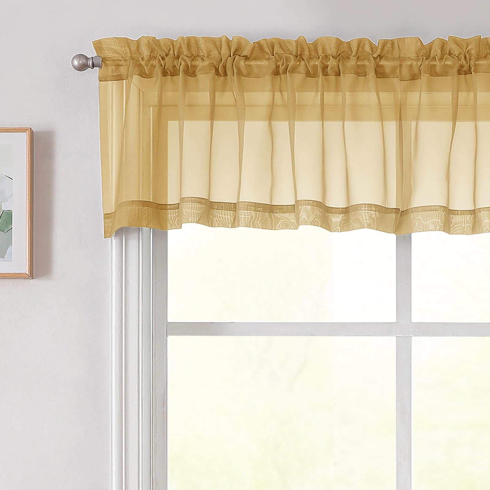 WelvetBLK Gold Valances for Windows, Gold Sheer Curtains 14 Inch Length 2 Pack Kitchen Drapes, Modern Solid Mini Small Window Curtains for Cafe