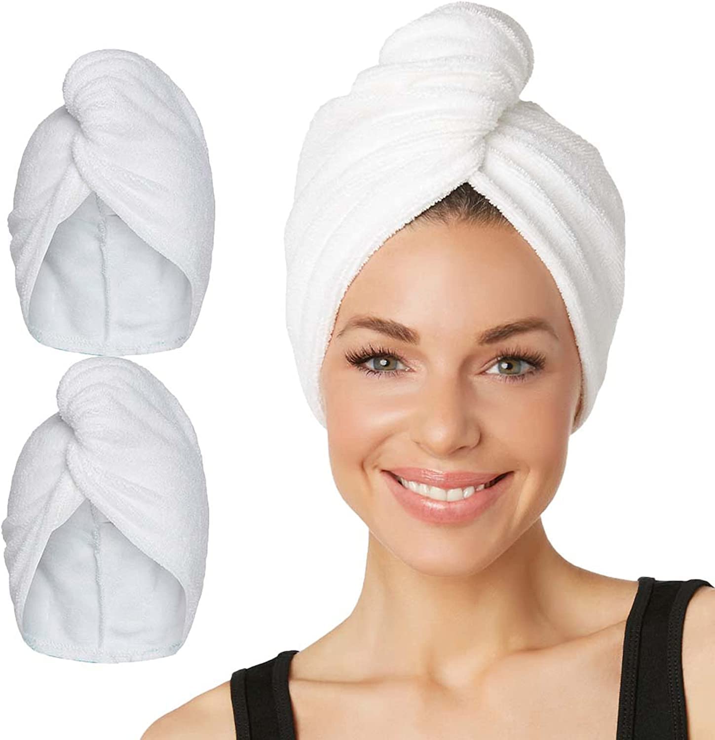White Hair Towel Wrap Quick Dry 100% Cotton Super Absorbent Turban Head Wrap for Women with Button, Anti Frizz Hair Products, Hair Cap for Curly, Long & Thick Hair (1Pc)(White)