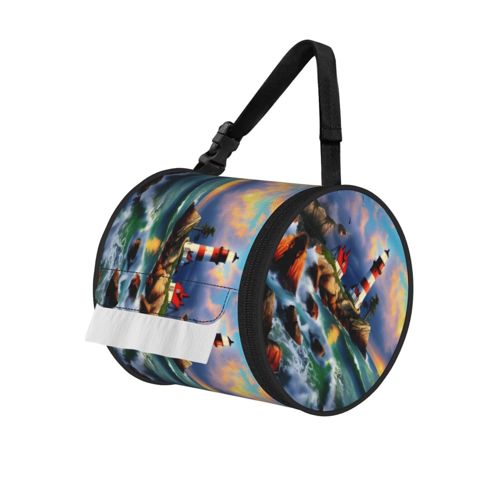 Jiuty Black Lighthouse Diamond Painting Print Cylinder Tissue Organizer Bag With Strap, Portable Toilet Roll Holder For Camping Car