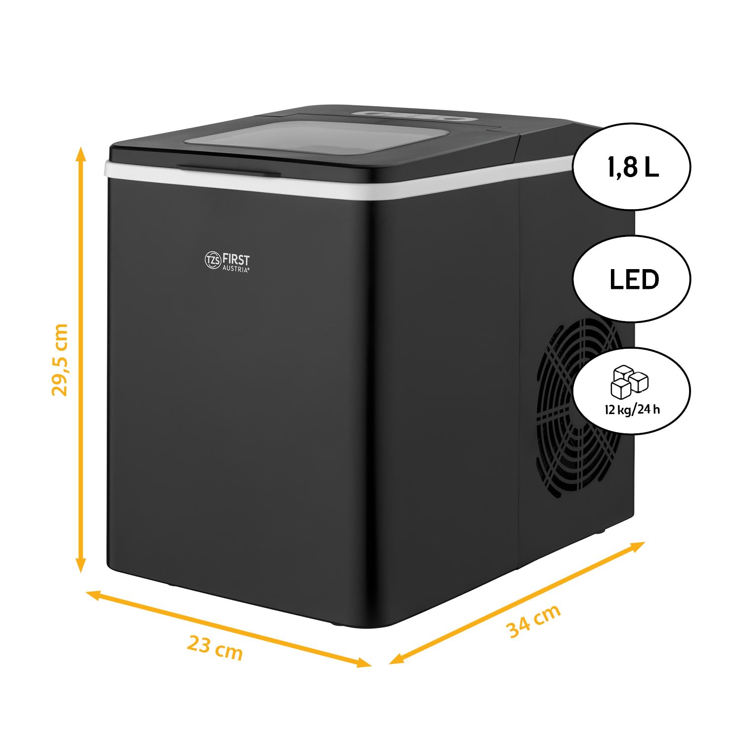 TZS First Austria - Macchina del Ghiaccio 1,8L - 150W con Compressore - 9 Cubetti di Ghiaccio pronto in 7-9 Minuti - 2 Dimensioni (S/L) - 12 kg/giorno - Produttore di Ghiaccio Portatile - Nero