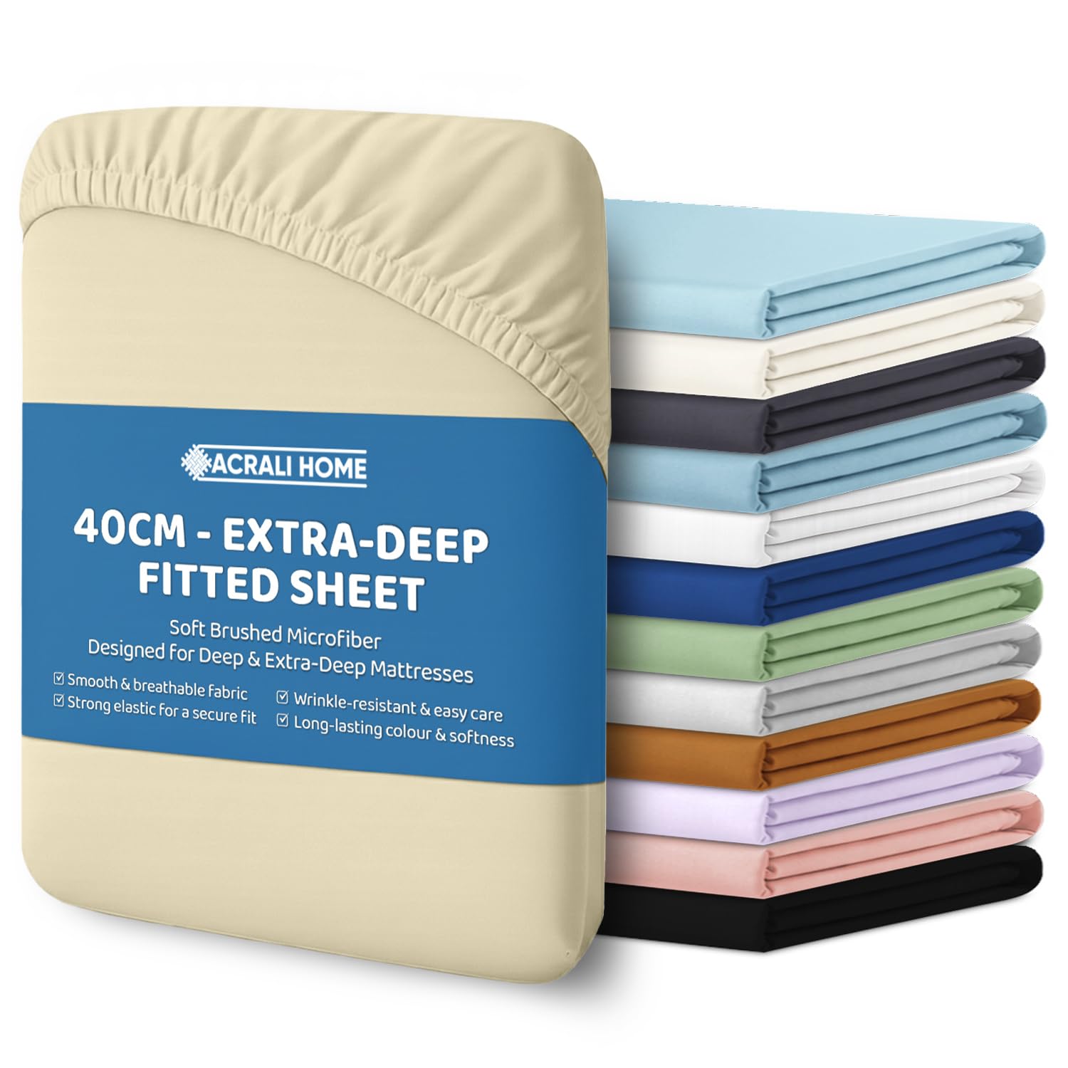 ACRALI HOME King Size Fitted Sheet - Cream Bottom Sheet for King Bed with 40cm Extra Deep Fit Pocket- Hotel Quality Soft Microfiber Bedsheet - Breathable, Shrinkage and Fade Resistant