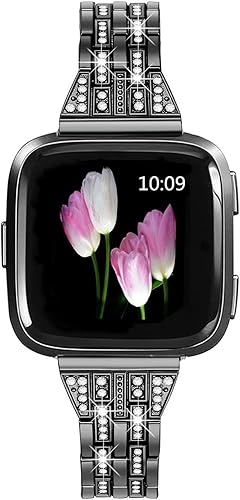 Bandas de metal compatibles con Fitbit VersaVersa 2Versa Lite, pulsera de repuesto con diamantes de imitación de metal para mujer, plata, oro rosa,