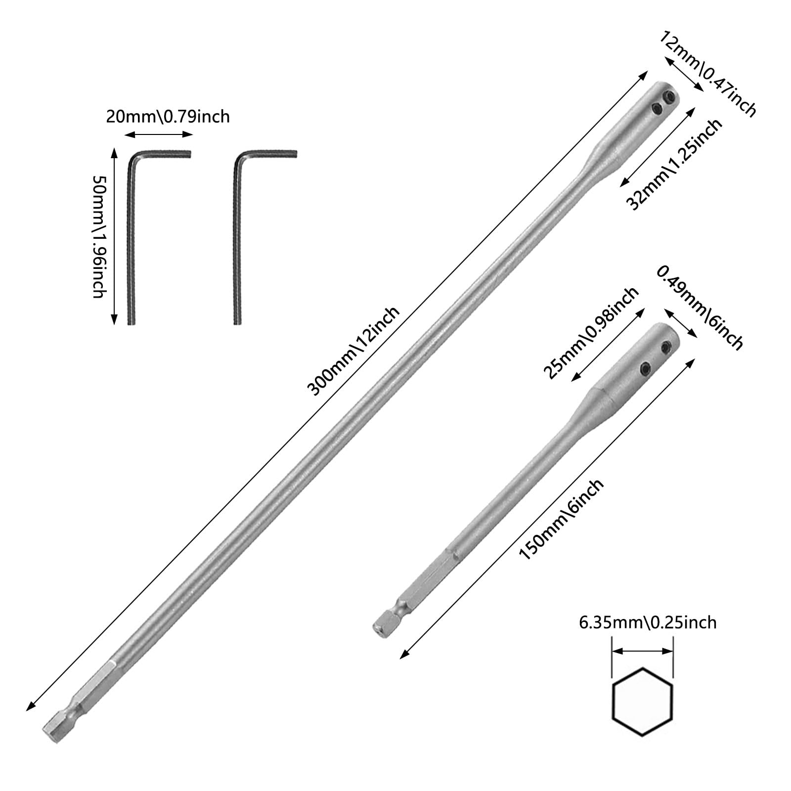 GIONAR Drill Bit Extension Set, 1/4 Inch Drill Bit Extension Bar, 6" & 12" Drill Extension, with 2 Hex Wrench Key, High Carbon Steel Material, Perfect for Mechanics, Construction Work, Carpenters - Image 2