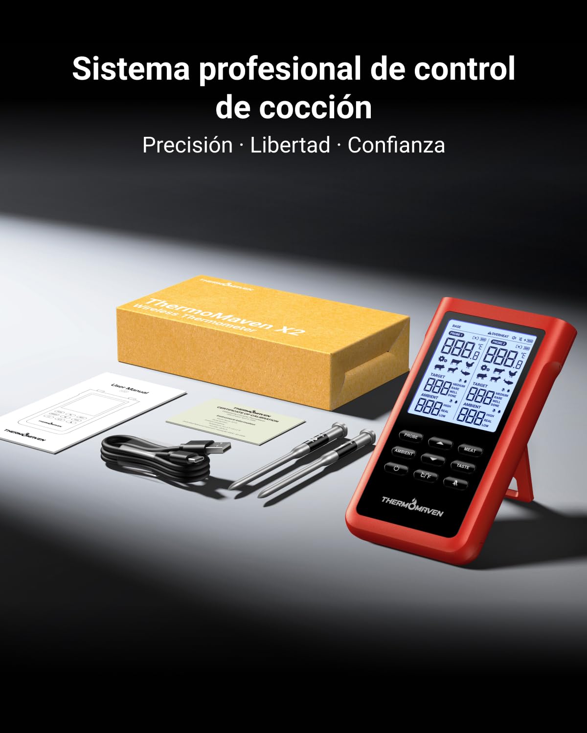ThermoMaven X2 Termómetro para Carne Inalámbrico con 2 Sondas 915m Sub-1G | Finas NIST, 6 Sensores, Pantalla LCD sin App para Barbacoa, Horno, Parrilla, Ahumador, Costillas, Asados y Cocción Lenta