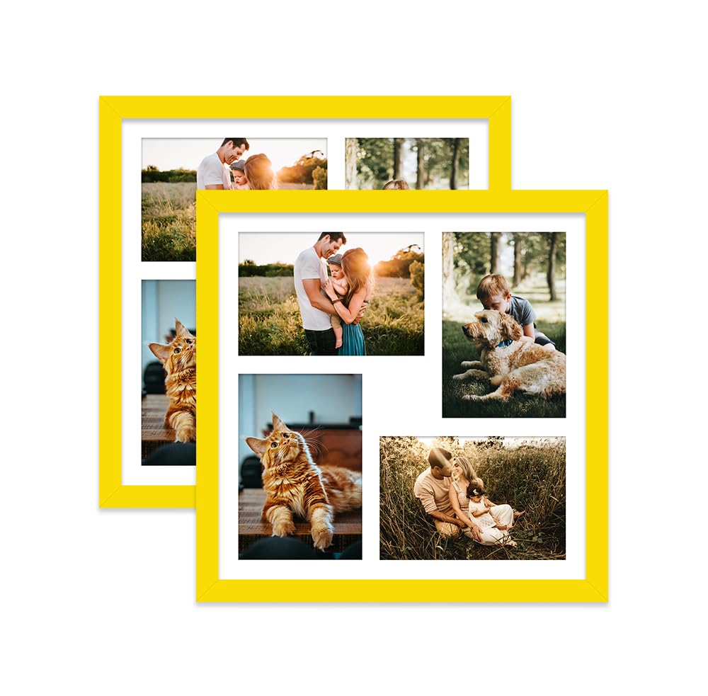 Yellow Multi Photo Frame - Holds 4 x 6x4 Pictures, Family Collage Picture Frame for Wall Display, 12x12 Frame size, Set of 2