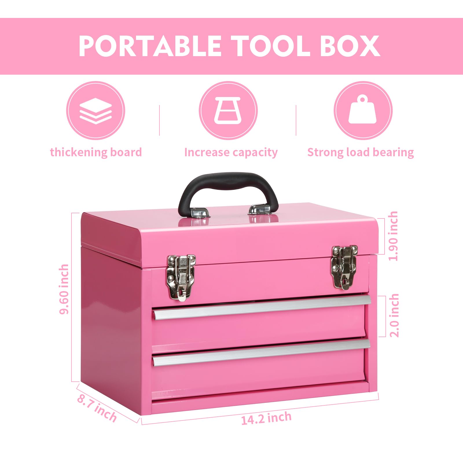 14 Inch Steel Portable Tool Box with drawers - Tool Storage Box Organizer with Metal Latch Closur - Powder Coated Toolbox Chest for Tools Storage Cabinet (PINK)