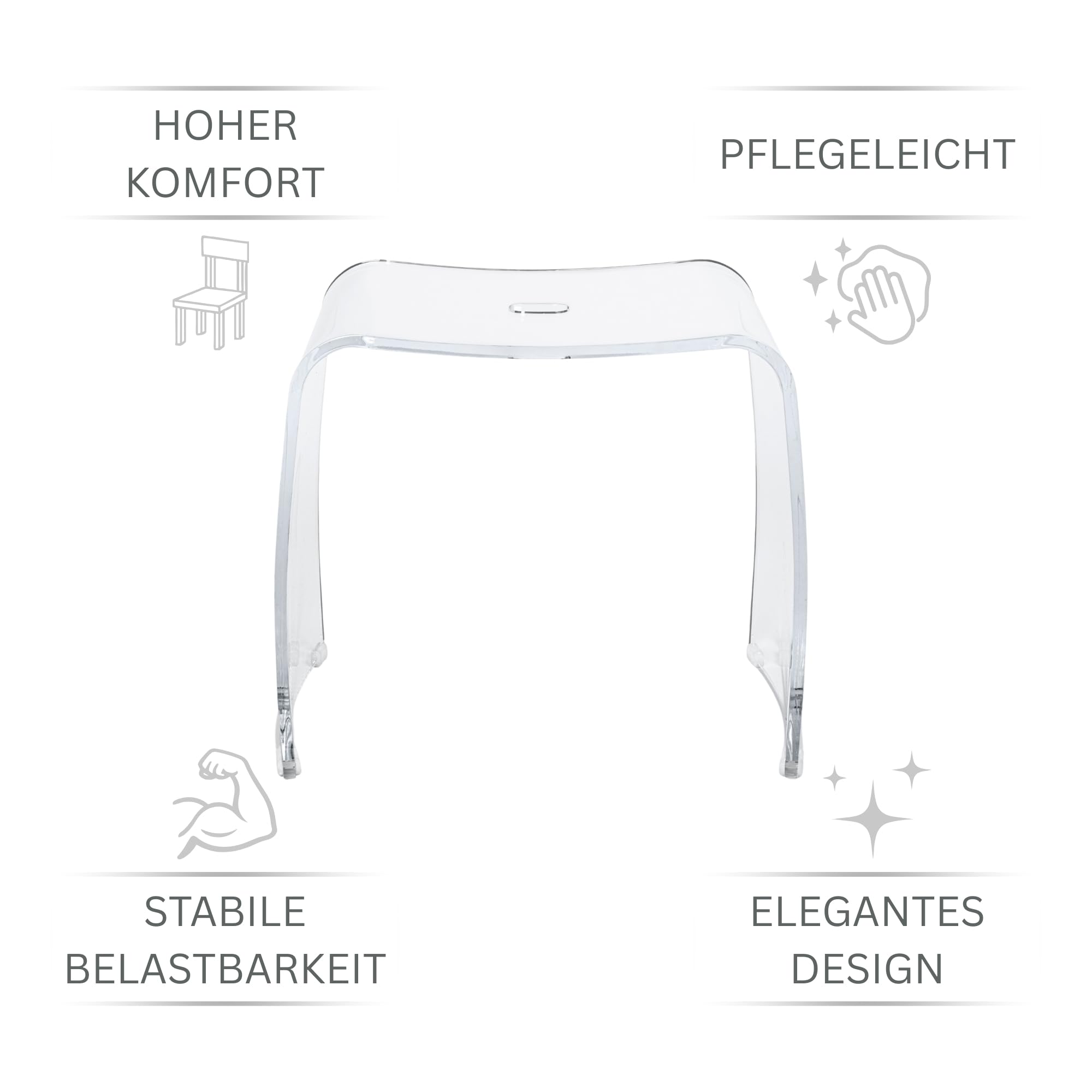 Badhocker Meran XL – transparenter Acrylhocker mit extra großer Sitzfläche – moderner Duschhocker mit Griff und rutschsicheren Gummifüßen – Stabiler Sitzhocker für Bad, Flur