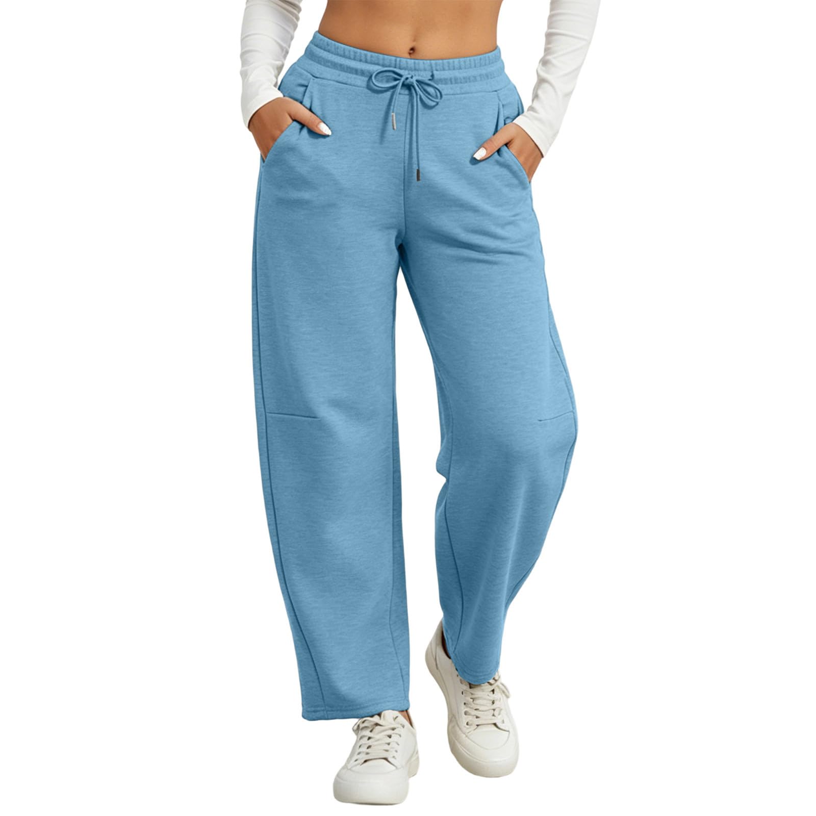 Generico Pantaloni da Jogging Donna Pantloni Cotone con Elastico in Vita Morbidi Pantaloni da Corsa con Tasche a Gamba Dritta Pant Baggy Tinta Unita Pantalone Larghi a Vita Alta per Fitness Sport