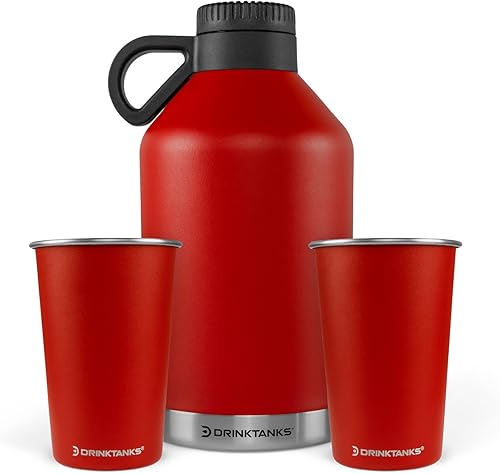 DrinkTanks - Growlers de acero inoxidable de 64 onzas para cerveza y tazas de acero inoxidable de 16 onzas, cultivador de cerveza aislado con 2