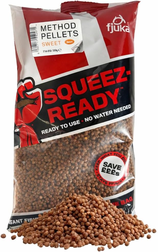 Fjuka Squeez-Ready Sweet Method Pellet 2mm | Ready-prepped Method feeder pellet | F1s, Carp, tench, bream etc | 500g Bag