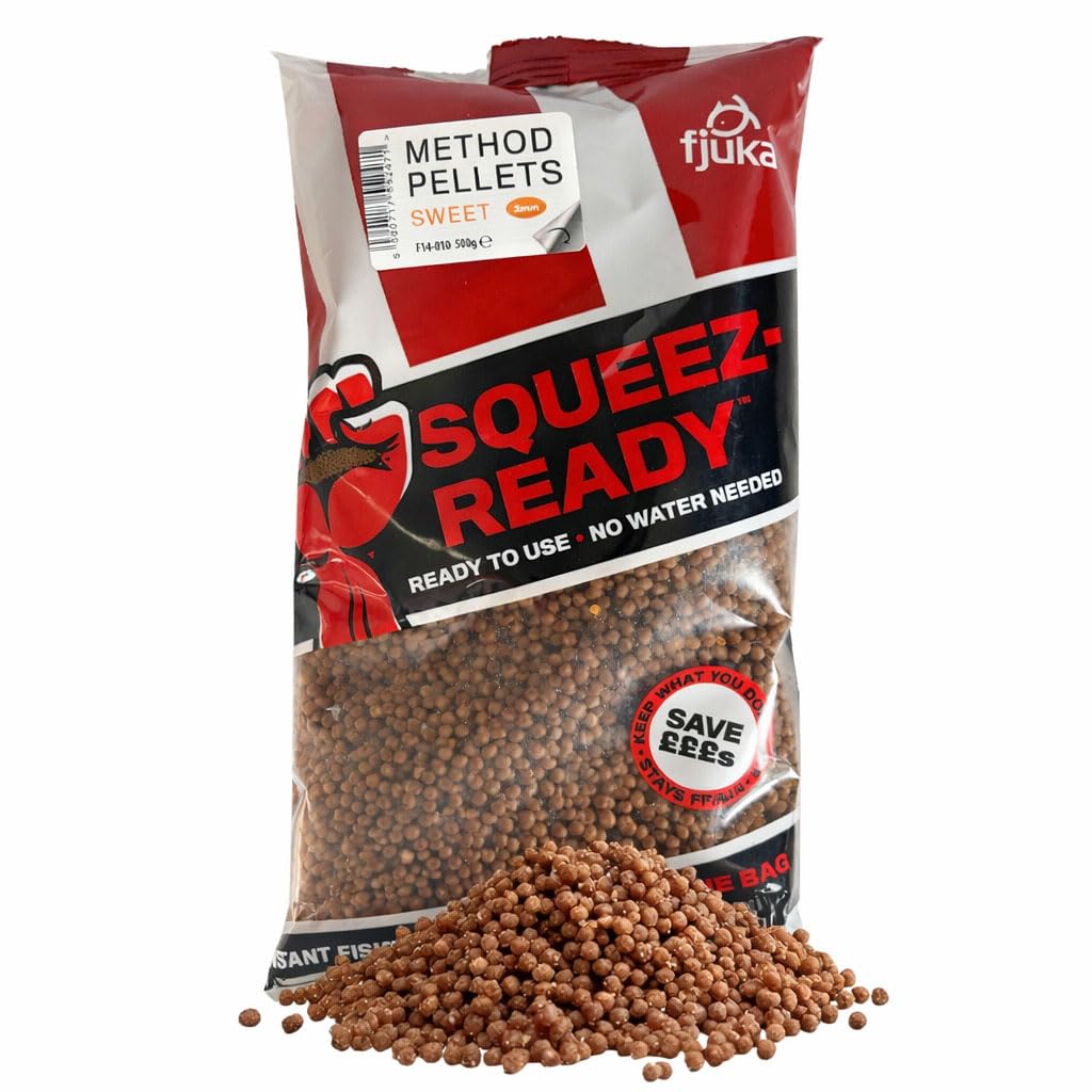 Fjuka Squeez-Ready Sweet Method Pellet 2mm | Ready-prepped Method feeder pellet | F1s, Carp, tench, bream etc | 500g Bag