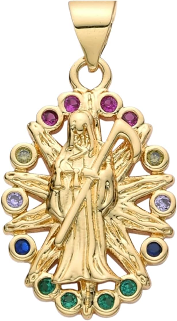 14K Yellow Gold Zircon La Santa Muerte Necklace For Women And Men - Holy Death's Pendant Necklace, Santa Muerte Pendant Necklace, Holy Saint Death Necklace Religious Jewelry For Women Men