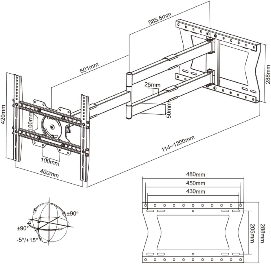 Technical drawing of XTRARM TiTon wall mount with dimensions and angles