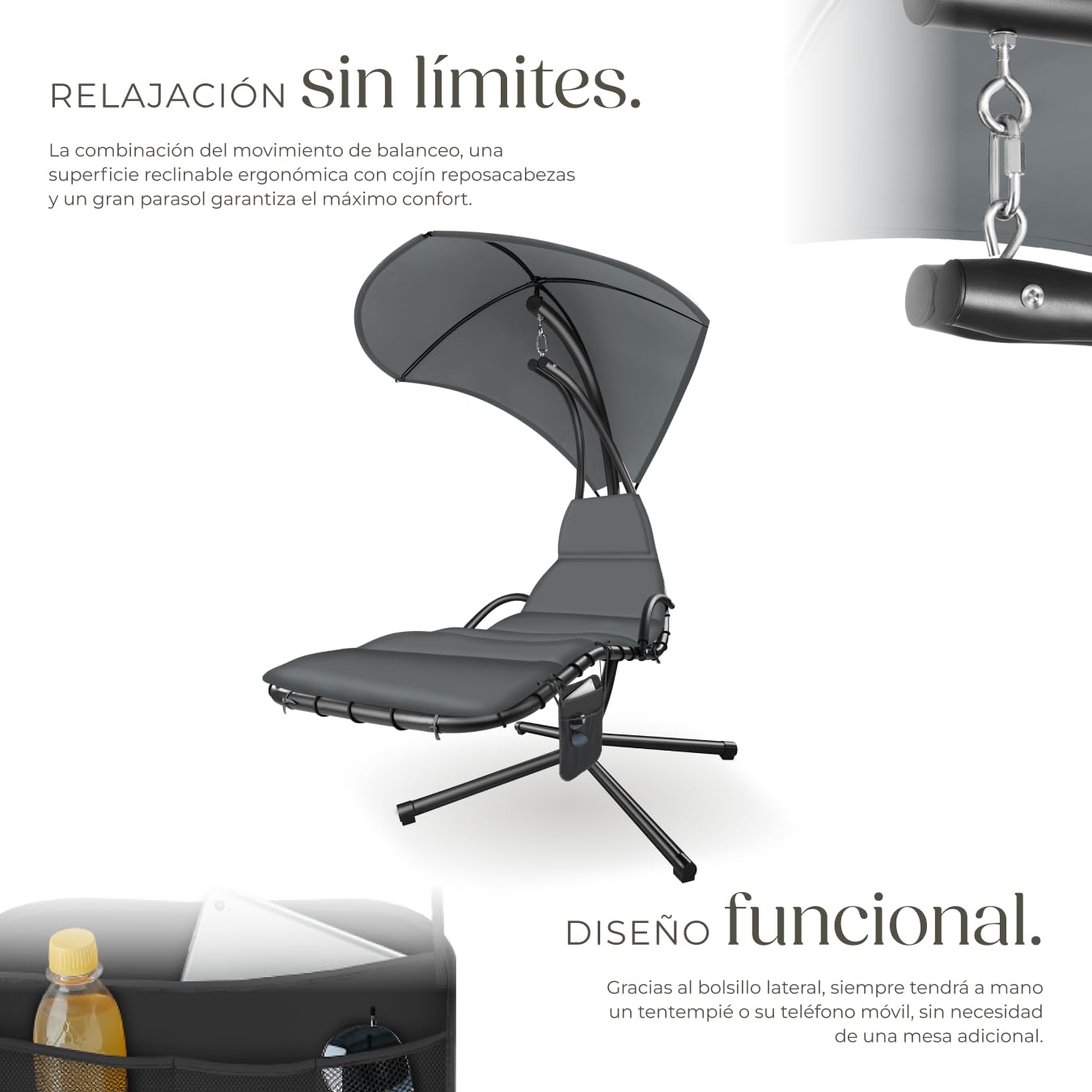 tectake® Columpio Jardín Exterior, Silla Colgante con Toldo Protección UV, Sillón Balancín con Estructura Robusta y 4 Pies en la Base, Hamaca Colgante Interior y Exterior, Ergonómica - Negro/Gris