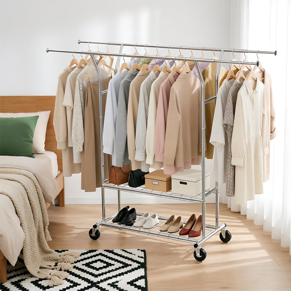 Perchero Extensible con Ruedas y 2 Estantes Metálicos | Ancho ajustable de 130 a 190 cm, Altura de 152 a 178 cm, Profundidad de 55 cm, 4 Ruedas Industriales con Freno, Plateado