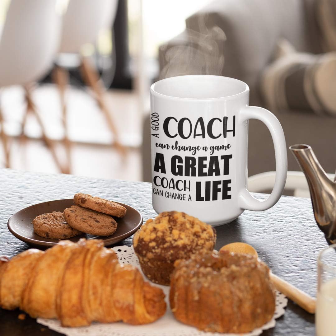 Coach Mug for Men or Women A Good Coach Can Change a Game Thank You Appreciation 11 or 15 oz. White Ceramic Coffee Cup for Swim Soccer Basketball