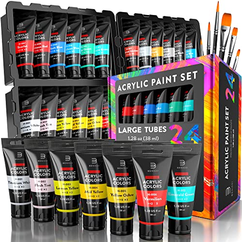 image for Benicci Premium Quality Acrylic Paint Set 24 Colors - 1.28oz (38ml) - 