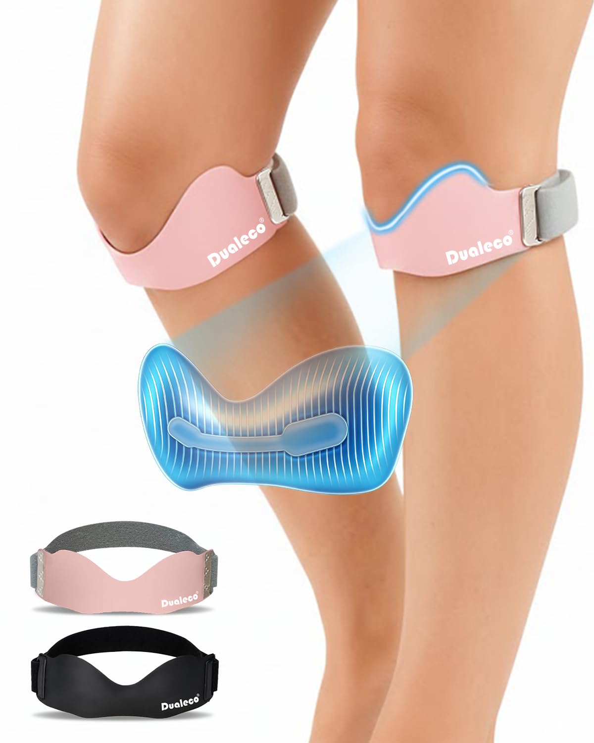 Dualeco 2PCS Patella Tendon Knee Strap with 3D Cushion, Upgraded V Shaped Knee Support for Women, Anti-Slip Knee Brace for Running/Gym/Weight Lifting, Patellar Strap for Meniscus Tear/Arthritis Pink
