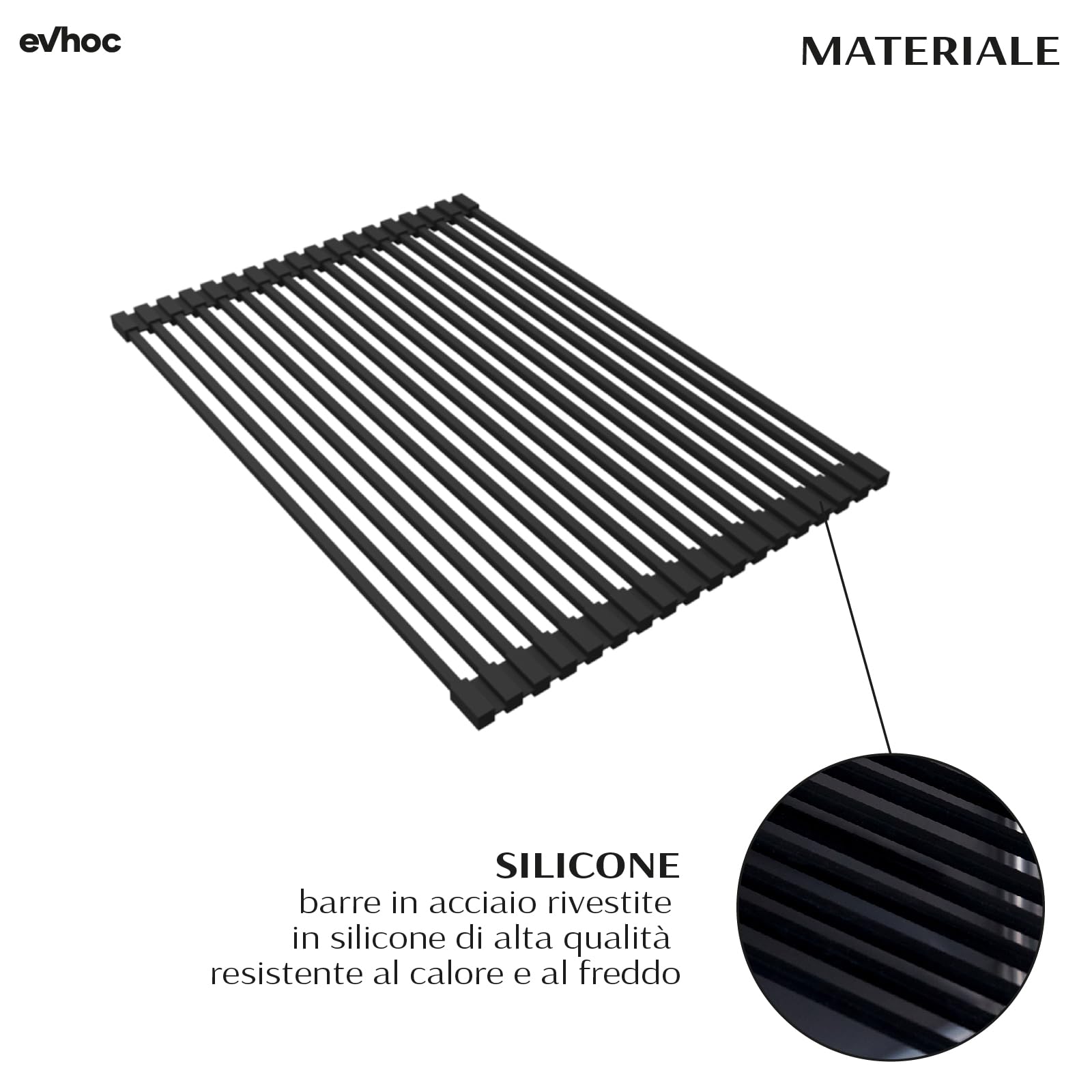 Evhoc Griglia ROLLING GRATE S Scolapiatti per Lavello Cucina, Sottopentola in Silicone, Ideale per Lavello e Top, 30x44x1 cm