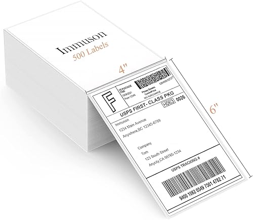 Immuson Fanfold - Etiquetas térmicas directas de 4 x 6 pulgadas, 500 etiquetasapilamiento, adhesivo permanente, etiquetas de correo blancas para