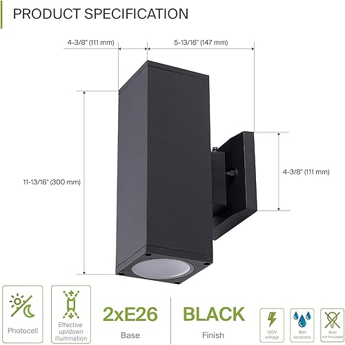 Miniatura 2 de ASD Lámpara de pared cilíndrica cuadrada de 2 vías  Enchufe E26 de 120 W de 120 V  Fotélula, impermeable, compatible con bombillas