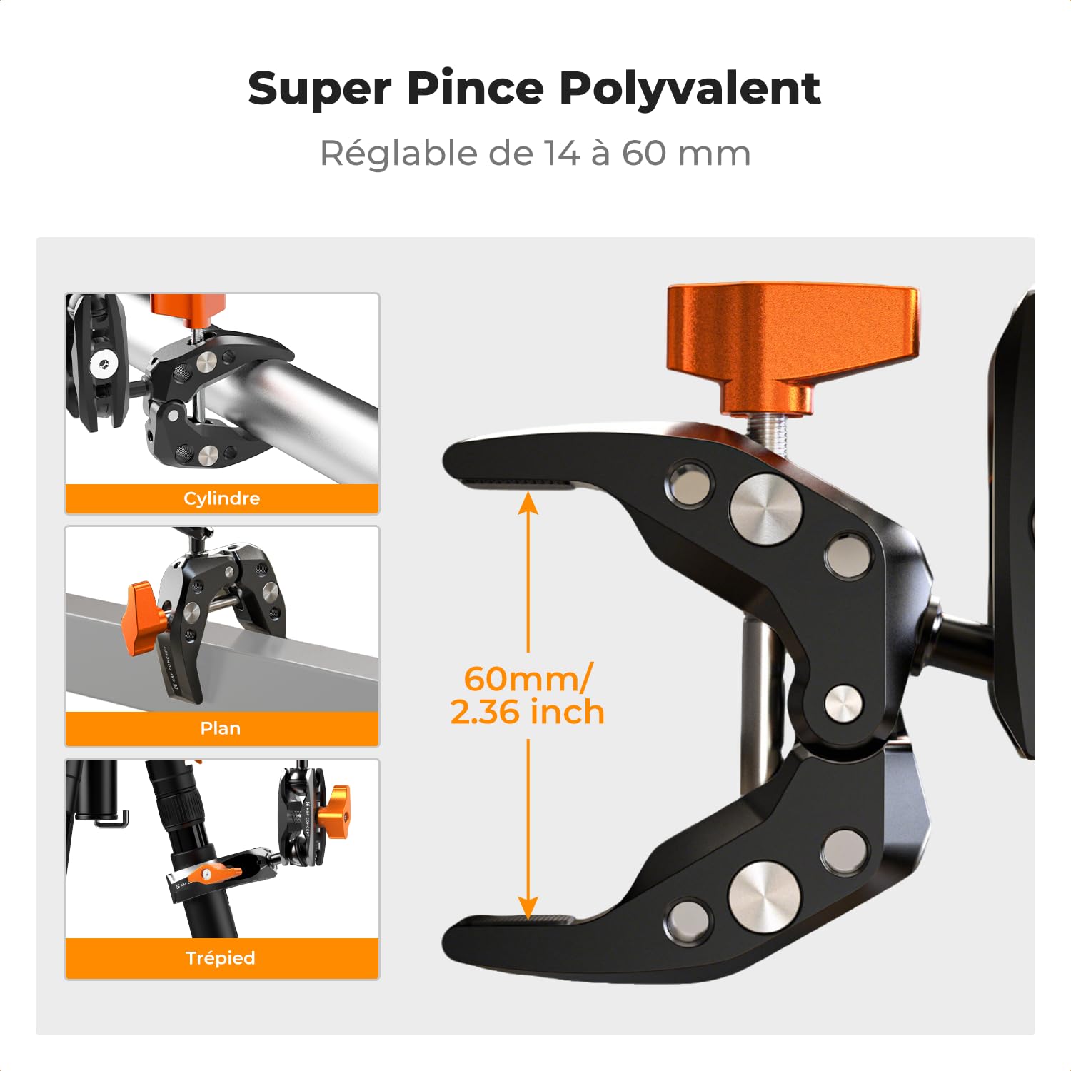 K&F CONCEPT Bras Magique + Pince Super Clamp à Rotule 360° – Support Articulé Multi-Angle avec Filetage 1/4'' et Adaptateur GoPro/Clip Téléphone pour Caméra Photo DSLR Microphone Lumière – M13