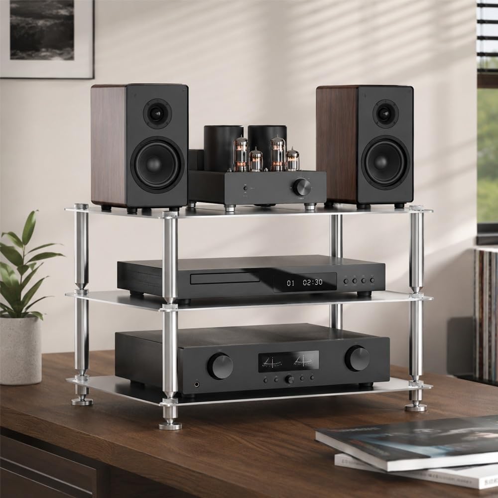 KLerDH Media Racks, 3 Tier AV Media Stand Aluminum Alloy Hifi Rack Small Desktop(Silver)