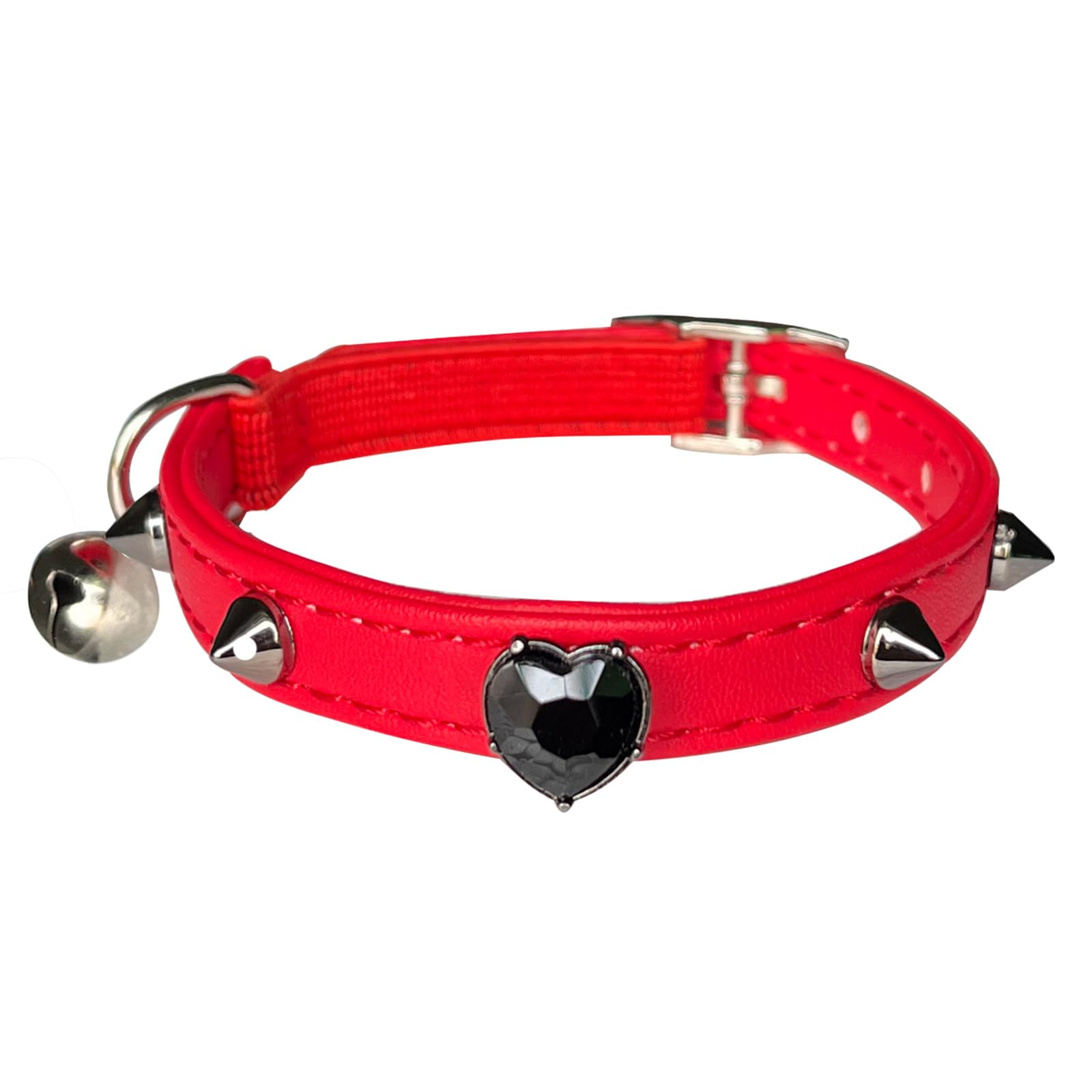Fupo Spiked Cat Collar with Bell and Safety Belt Red Leather Kitten Collar with Heart Shaped Rhinestone Adjustable Neck 7.5" to 10" for Kitten Girls (Red) โ image 1