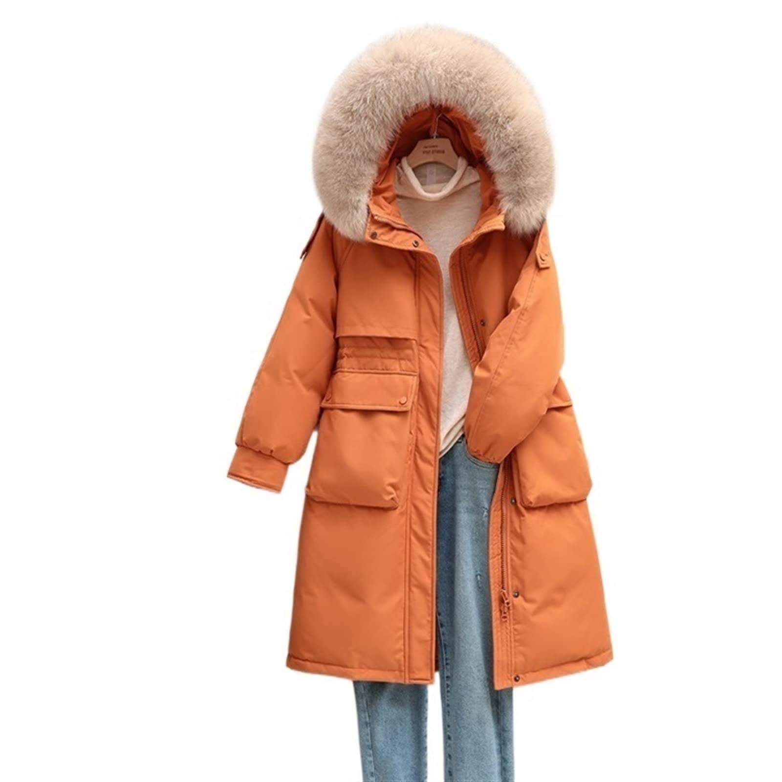 YESKITYESKIT Down Jackets, Long Duck Down Jacket Women Oversized Natural Fur Collar Hooded White Duck Down Parkes Winter Thick Warm Snowwear (Color : Orange, Size : L)