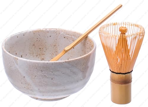 Juego de cuencos de cerámica para ceremonia de té matcha japonés con batidor y cuchara de bambú, biegeverde, 5 pulgadas (diámetro) x 2-34 pulgadas